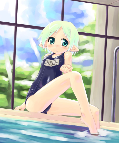 minami star, 1girl, aqua eyes, barefoot, blue one-piece swimsuit, blue school swimsuit, blush, breasts, cloud, collarbone, female focus, green hair, indoors, light rays, looking at viewer, name tag, one-piece swimsuit, parted lips, plant, pointy ears, pool, school swimsuit, short hair, sitting, sky, small breasts, soaking feet, solo, sunbeam, sunlight, swimsuit, teeth, tree, water, window