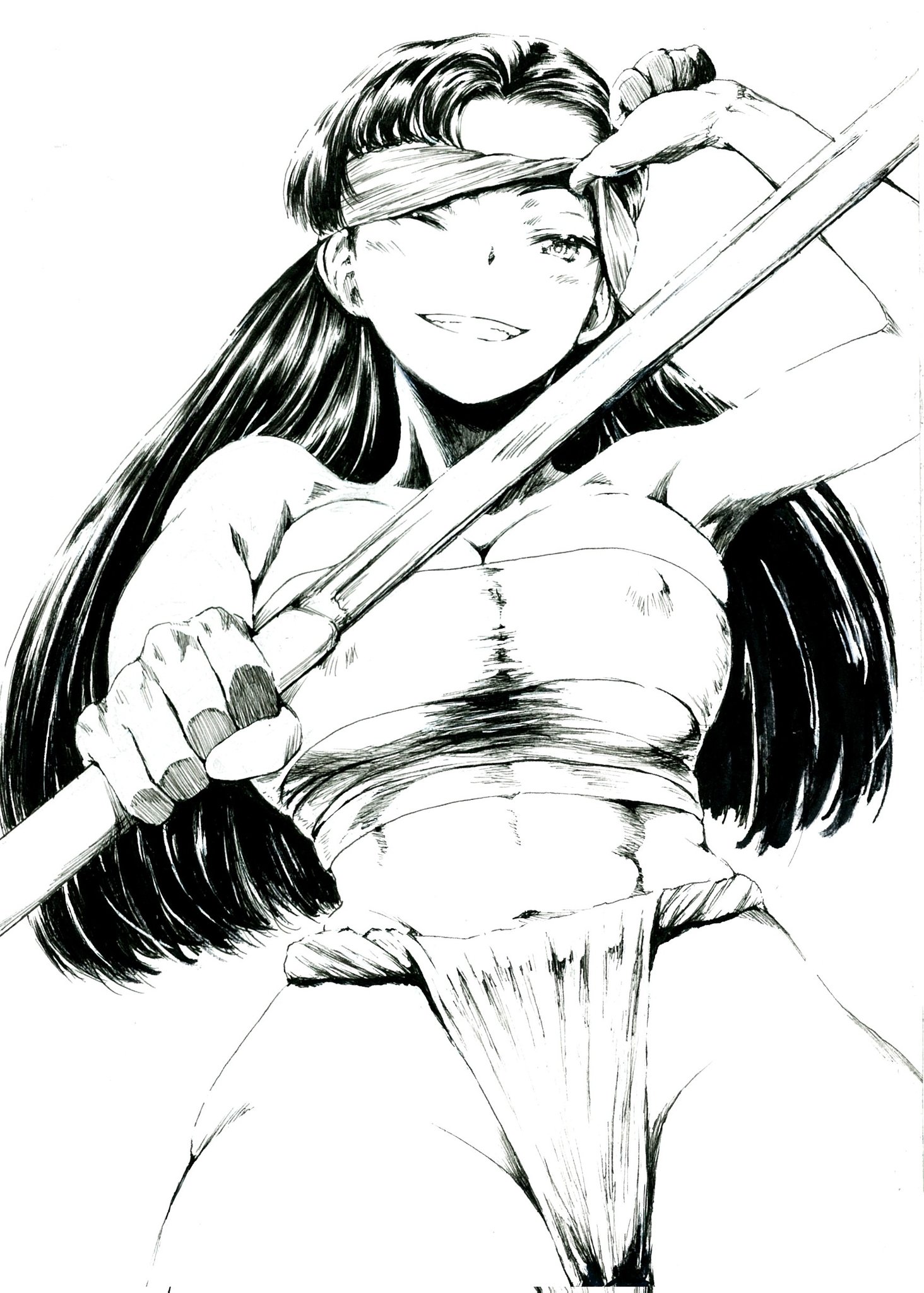 sawamin, nishi kinuyo, girls und panzer, corrupted twitter file, hashtag-only commentary, highres, 1girl, ;d, abs, blindfold, blush, breasts, collarbone, covered erect nipples, from below, fundoshi, greyscale, groin, japanese clothes, large breasts, long hair, looking at viewer, monochrome, navel peek, one eye closed, open mouth, removing blindfold, sarashi, skindentation, smile, solo, swept bangs, sword, thighs, weapon, white background