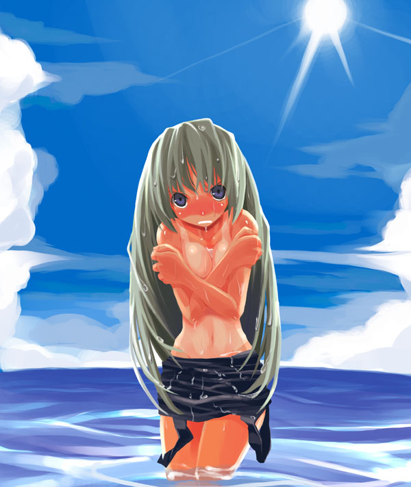 artist request, character request, copyright request, 1girl, angry, black one-piece swimsuit, black school swimsuit, blue eyes, blush, breasts, clenched teeth, clothes pull, cloud, covering breasts, covering privates, embarrassed, grey hair, light rays, long hair, looking at viewer, medium breasts, navel, ocean, one-piece swimsuit, one-piece swimsuit pull, one-piece tan, school swimsuit, sky, standing, sun, sunbeam, sunlight, swimsuit, tan, tanline, teeth, topless female, wading, water, wet, wet hair