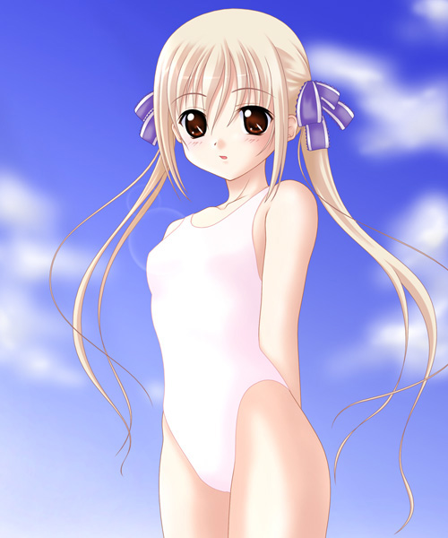 kakesu, shiina yusumi, hatsukoi, 00s, 1girl, arms behind back, blonde hair, blush, breasts, brown eyes, cloud, collarbone, day, female focus, hair ribbon, long hair, looking at viewer, one-piece swimsuit, open mouth, ribbon, sky, small breasts, solo, standing, swimsuit, twintails, white one-piece swimsuit