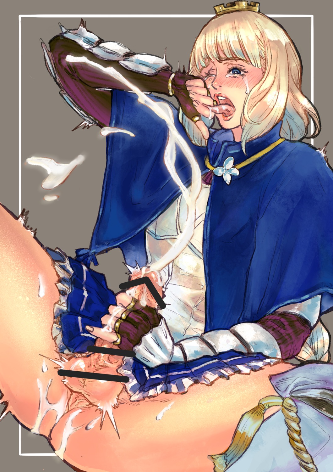 bubububu bbb, highres, 1girl, anus, armor, bar censor, blonde hair, blue eyes, blush, censored, crown, cum, cum on self, ejaculation, erection, fingerless gloves, futanari, futanari masturbation, gloves, long hair, masturbation, no panties, one eye closed, open mouth, penis, projectile cum, saliva, skirt, solo, spread legs, tears, testicles, tongue