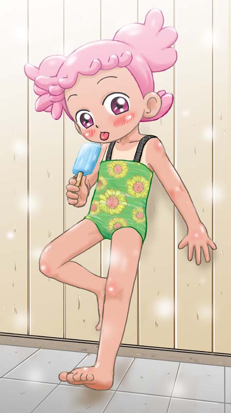 harukaze poppu, ojamajo doremi, artist request, 1girl, barefoot, blush, collarbone, flat chest, floral print, food, green one-piece swimsuit, holding, holding food, holding popsicle, ice cream, loli, looking at viewer, one-piece swimsuit, one-piece tan, pink eyes, pink hair, popsicle, print swimsuit, short hair, standing, swimsuit, tan, tanline, tongue, tongue out, twintails