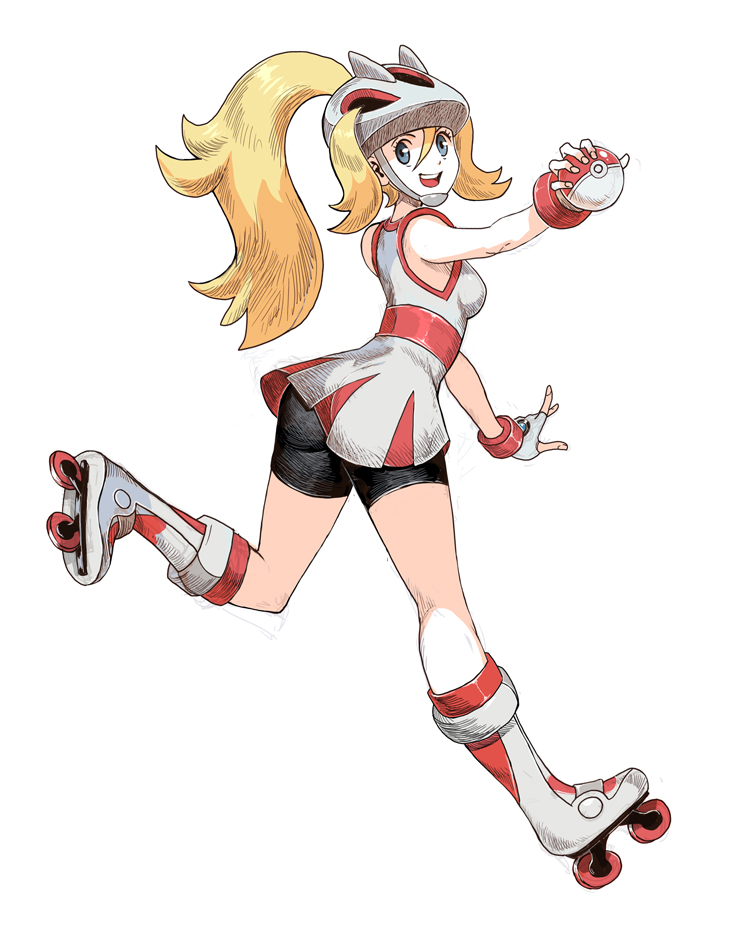 genzoman, uma (tnk-power), korrina (pokemon), nintendo, pokemon, pokemon xy, commentary request, 1girl, :d, black shorts, blonde hair, blue eyes, breasts, dress, eyelashes, fingernails, full body, gloves, hatching (texture), helmet, holding, holding poke ball, long hair, looking at viewer, looking back, medium breasts, mega stone, open mouth, poke ball, poke ball (basic), ponytail, roller skates, shorts, shorts under dress, sidelocks, simple background, skates, sleeveless, sleeveless dress, smile, solo, white background, white dress, white gloves, white helmet