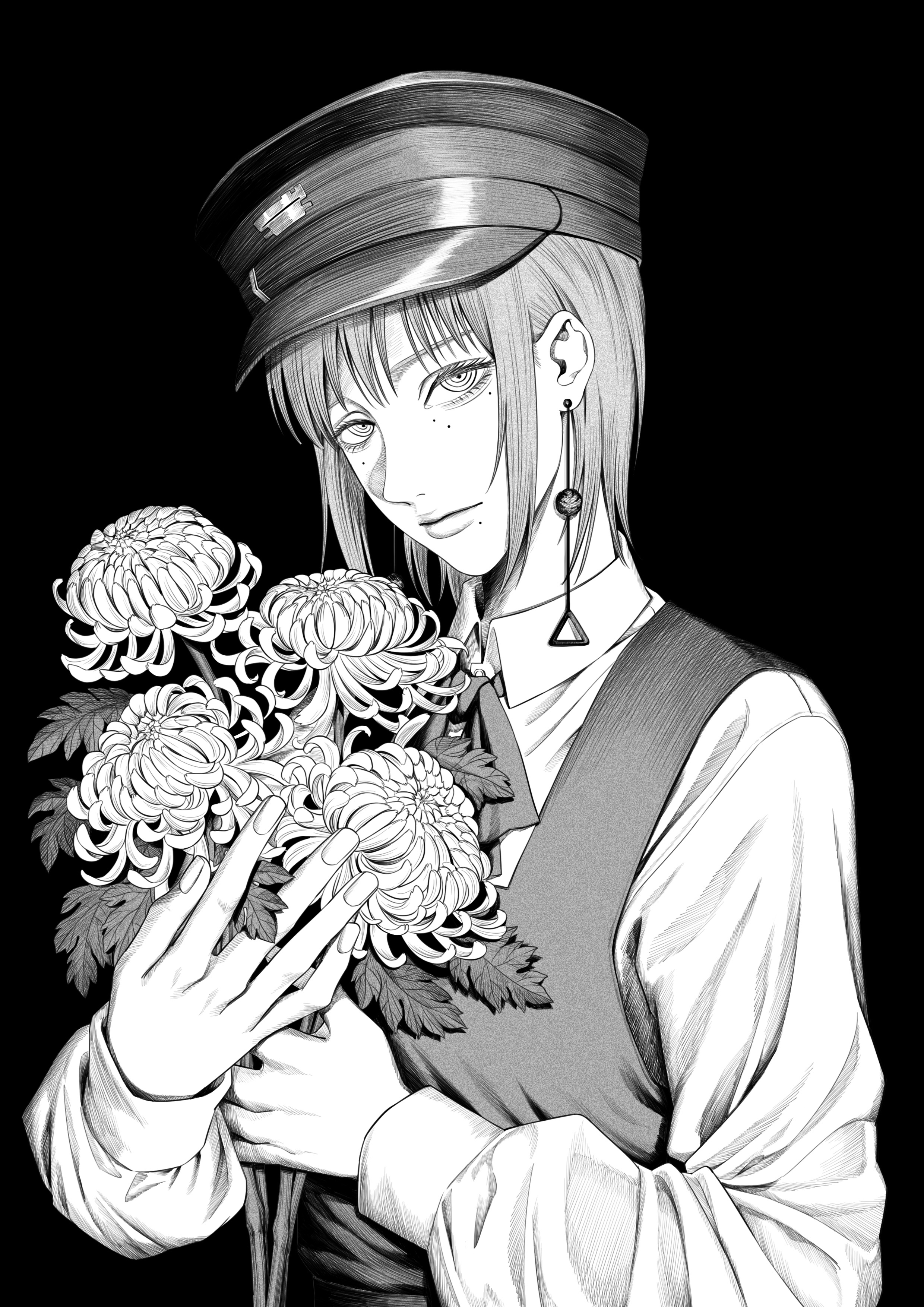kiunchiku, fami (chainsaw man), chainsaw man, absurdres, commentary request, highres, 1girl, bouquet, closed mouth, collared shirt, dress, earrings, flower, fourth east high school uniform, greyscale, hat, holding, holding bouquet, jewelry, long sleeves, looking at viewer, medium hair, mole, mole under eye, monochrome, multiple moles, peaked cap, pinafore dress, ringed eyes, school uniform, shirt, sleeveless, sleeveless dress, solo