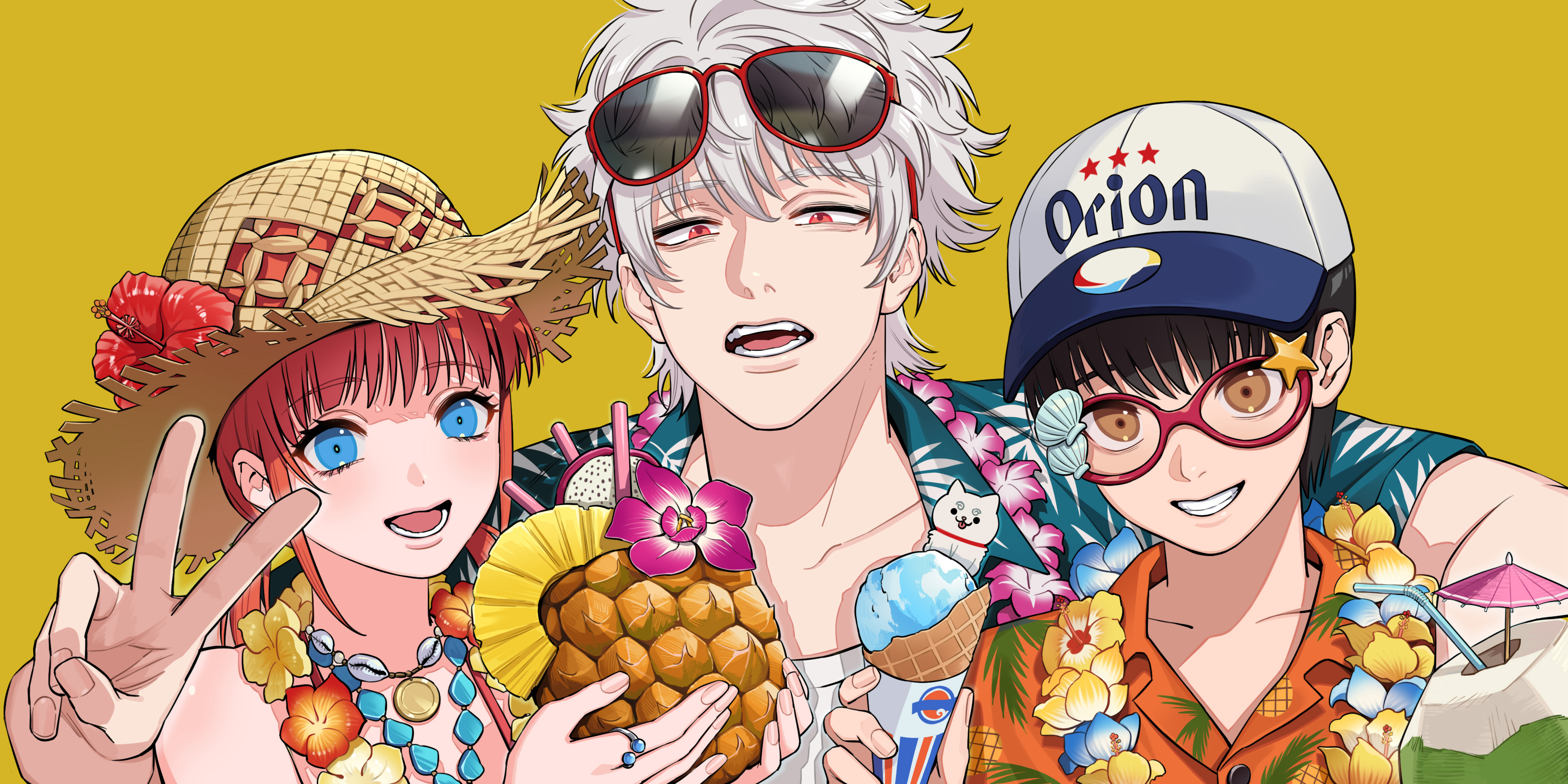kiunchiku, kagura (gintama), sadaharu, sakata gintoki, shimura shinpachi, gintama, absurdres, commentary, highres, 1girl, 2boys, arm around shoulder, arm on another's shoulder, baseball cap, black hair, blue eyes, blue flower, brown eyes, coconut, coconut cup, dragon fruit, dragon fruit slice, drinking straw, eyewear on head, flower, flower necklace, food, food print, fruit, fruit print, glasses, grin, hat, hat flower, hawaiian shirt, holding, holding food, holding ice cream cone, ice cream cone, jewelry, multiple boys, necklace, open mouth, orange hair, parted lips, pineapple, pineapple print, pineapple slice, pink flower, print shirt, red-framed eyewear, red eyes, red flower, shirt, short hair, simple background, smile, straw hat, sun hat, sunglasses, upper body, v, waffle cone, white hair, yellow background, yellow flower