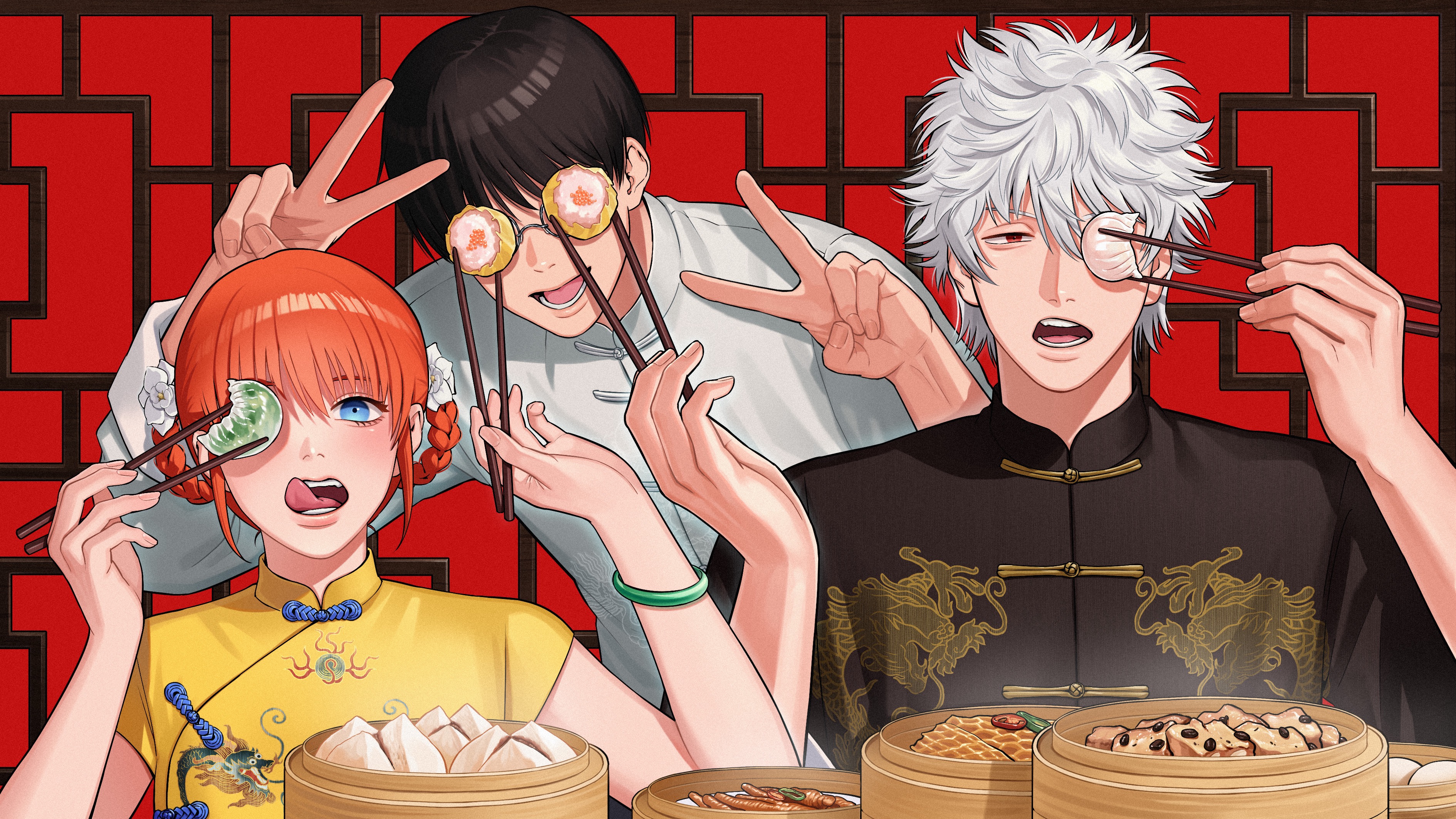 kiunchiku, kagura (gintama), sakata gintoki, shimura shinpachi, gintama, absurdres, commentary request, highres, 1girl, 2boys, bamboo steamer, black hair, blue eyes, blush, bracelet, braid, braided hair rings, chinese clothes, chopsticks, double v, dragon print, dumpling, flower, food, glasses, hair flower, hair ornament, hair rings, holding, holding chopsticks, jade (gemstone), jade bracelet, jewelry, mandarin collar, multiple boys, open mouth, pankou, red eyes, shanghai neckline, short hair, shumai (food), steamed bun, tangzhuang, tongue, tongue out, upper body, v, white flower, white hair