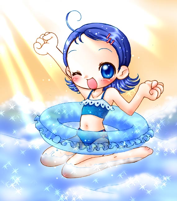 senoo aiko, ojamajo doremi, artist request, 1girl, ahoge, arm up, barefoot, bikini, blue bikini, blue eyes, blue hair, blush, collarbone, flat chest, flower, hair ornament, hairclip, innertube, light rays, loli, navel, ocean, one eye closed, open mouth, short hair, sitting, sky, smile, sparkle, sunbeam, sunlight, swim ring, swimsuit, water, wink, yellow sky