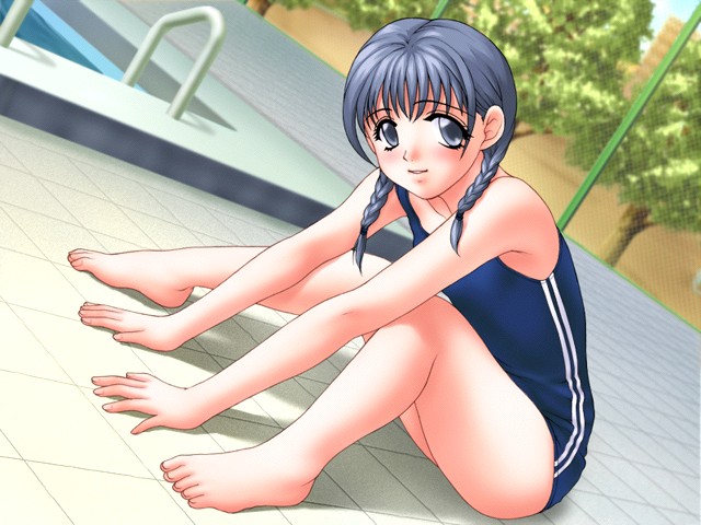 joy ride, fifteen ~school girls digital tokuhon~, character request, tagme, 1girl, barefoot, braid, female focus, looking at viewer, one-piece swimsuit, sitting, solo, swimsuit, twin braids, twintails