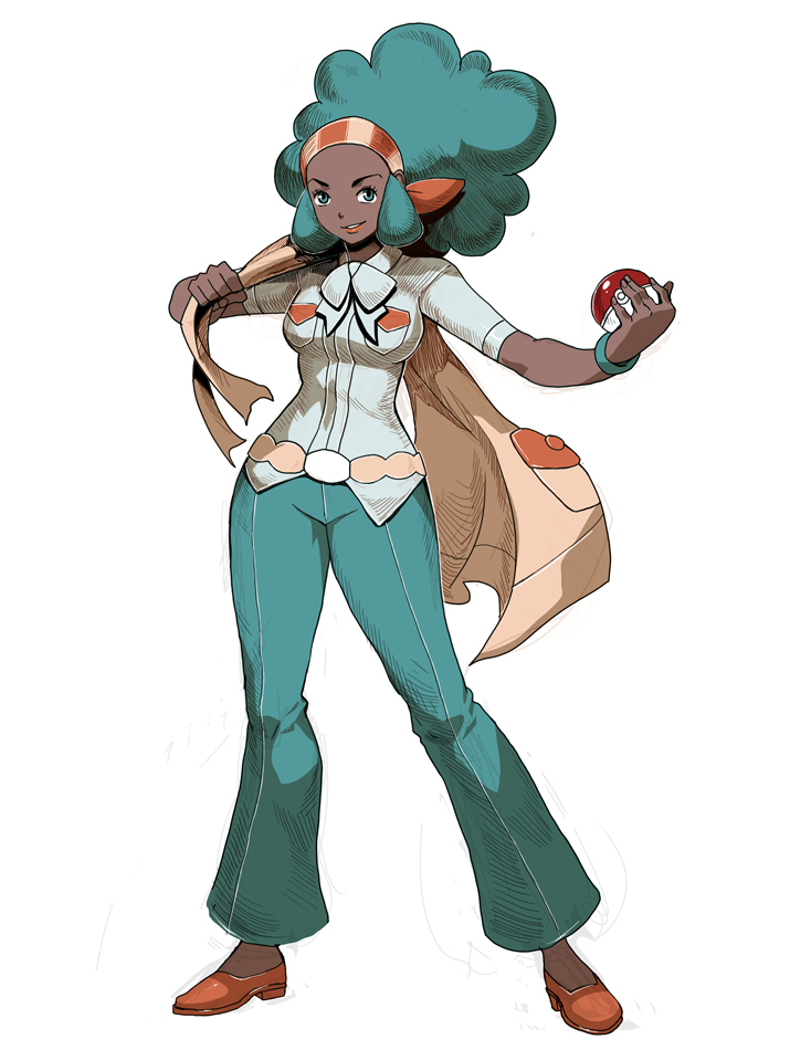 genzoman, lenora (pokemon), nintendo, pokemon, pokemon bw, commentary request, 1girl, apron, blue eyes, blue hair, blue pants, bow, bracelet, breast pocket, breasts, clothes over shoulder, dark-skinned female, dark skin, eyelashes, full body, hairband, hatching (texture), holding, holding apron, holding poke ball, jewelry, lips, pants, pocket, poke ball, poke ball (basic), red hairband, red shoes, shirt, shoes, simple background, smile, solo, unworn apron, white background, white bow, white shirt