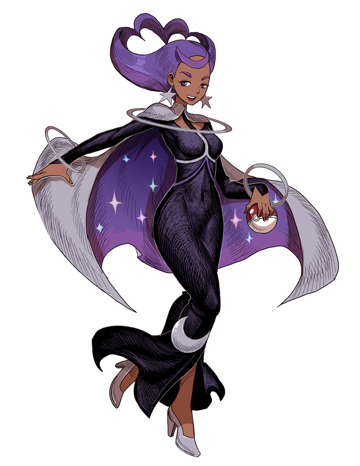 genzoman, olympia (pokemon), nintendo, pokemon, pokemon xy, commentary request, 1girl, black dress, cape, covered navel, dark-skinned female, dark skin, dress, earrings, eyelashes, full body, hatching (texture), high heels, holding, holding poke ball, jewelry, long sleeves, open mouth, poke ball, poke ball (basic), print cape, purple eyes, purple hair, shoes, simple background, smile, solo, space print, standing, standing on one leg, star (symbol), star earrings, starry sky print, teeth, upper teeth only, white background, white shoes