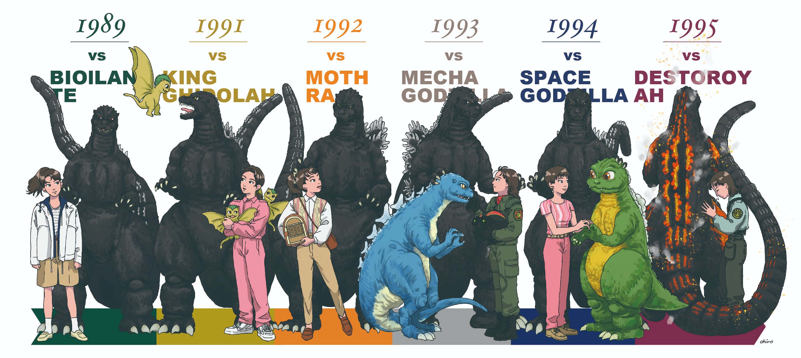 baby godzilla, burning godzilla, dorat, godzilla, saegusa miki (godzilla), godzilla (series), godzilla vs. biollante, godzilla vs. destoroyah, godzilla vs. king ghidorah, godzilla vs. mechagodzilla, godzilla vs. mothra, godzilla vs. spacegodzilla, commentary request, highres, bag, bow, brown eyes, brown hair, copyright name, earrings, godzilla jr, green hair, hair bow, hair tie, handbag, helmet, jewelry, kaiju, open mouth, ponytail, shorts, tongue, uvu 00, vest, yellow eyes
