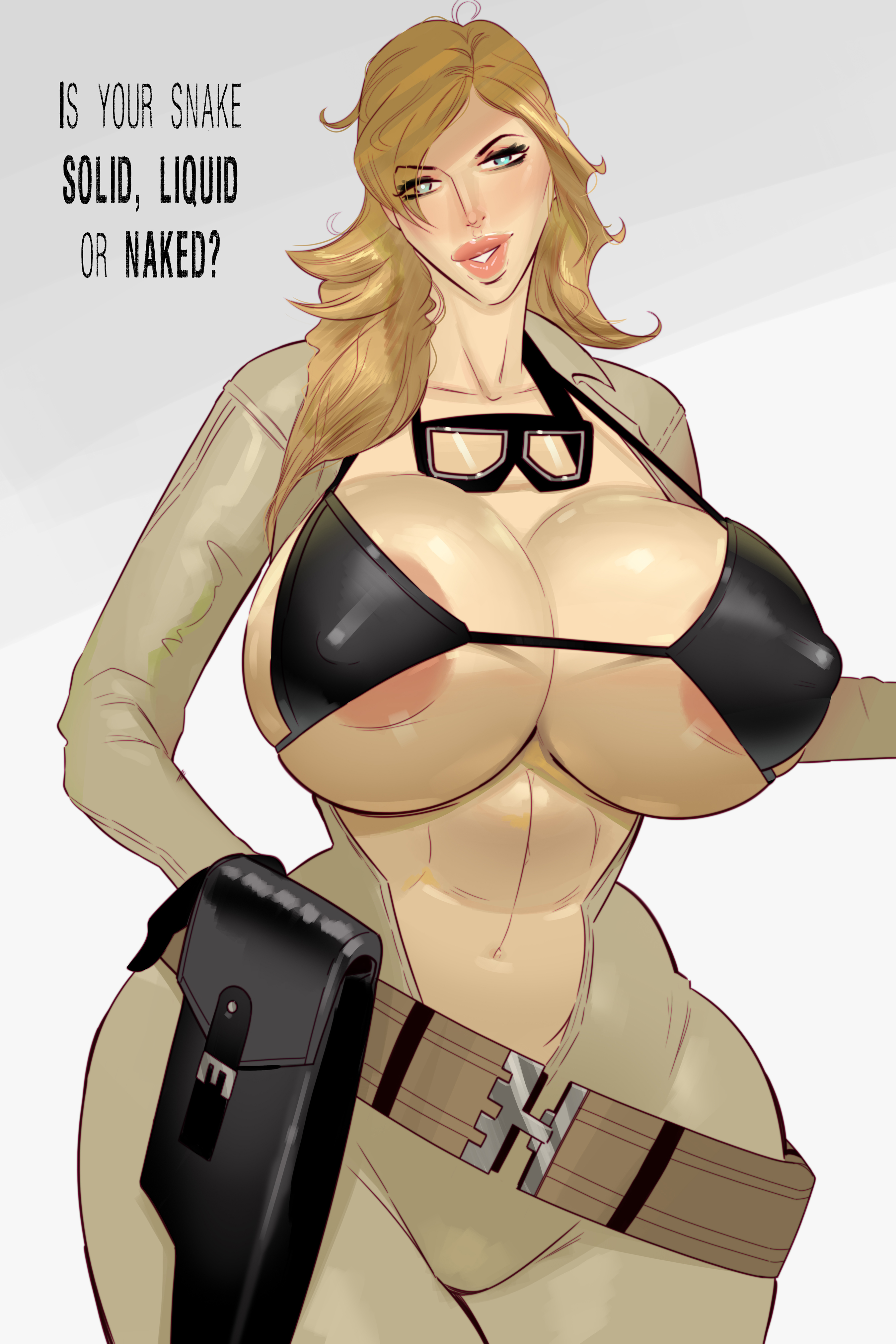 art mein, eva (metal gear), metal gear (series), metal gear solid 3: snake eater, absurdres, highres, 1girl, belt, black bra, blonde hair, blue eyes, bra, breasts, covered erect nipples, english text, goggles, goggles around neck, holster, huge breasts, long hair, navel, open jumpsuit, simple background, smile, solo, underwear, white background
