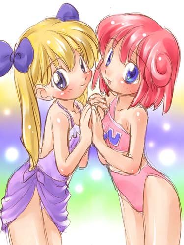 myuracchi (ayashii hon'ya), madoka (twinbee), pastel (twinbee), konami, twinbee, lowres, 2girls, bikini, blonde hair, blue eyes, blush, bow, clothes writing, collarbone, flat chest, hair bow, holding hands, loli, long hair, looking at viewer, multiple girls, one-piece swimsuit, open mouth, pink bikini, pink hair, purple bow, purple eyes, purple one-piece swimsuit, purple sarong, sarong, short hair, smile, standing, swimsuit, twintails, white background, yuri
