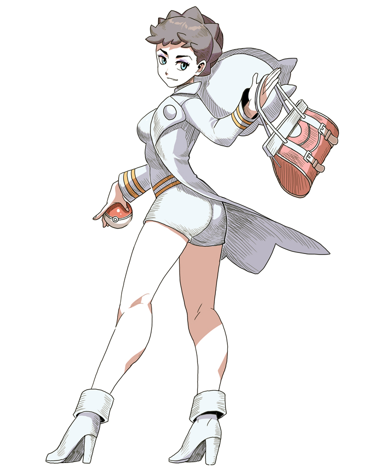 genzoman, diantha (pokemon), nintendo, pokemon, pokemon xy, commentary request, 1girl, bag, blue eyes, breasts, eyelashes, fingernails, full body, grey hair, handbag, hatching (texture), high heels, holding, holding bag, holding poke ball, jacket, open clothes, open jacket, pink bag, poke ball, poke ball (basic), shirt, shoes, short hair, shorts, simple background, smile, solo, very short hair, white background, white jacket, white shirt, white shoes, white shorts
