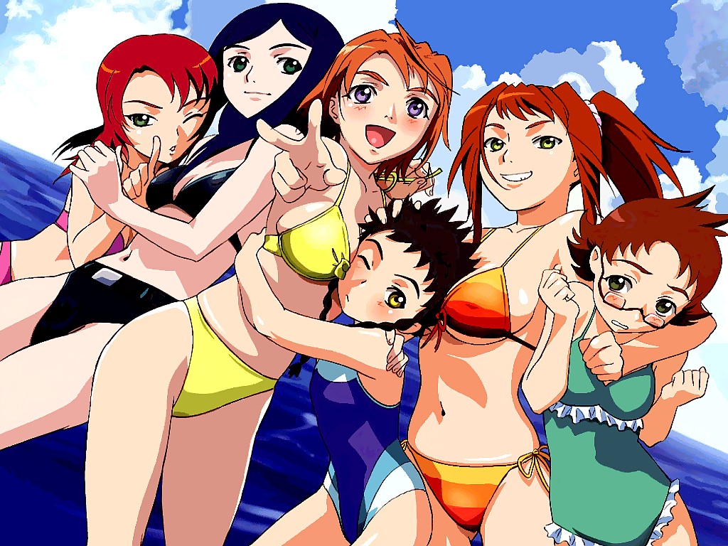 tagme, 6+girls, breasts, cloud, cowboy shot, female focus, multiple girls, navel, ocean, outdoors, sky, standing, swimsuit