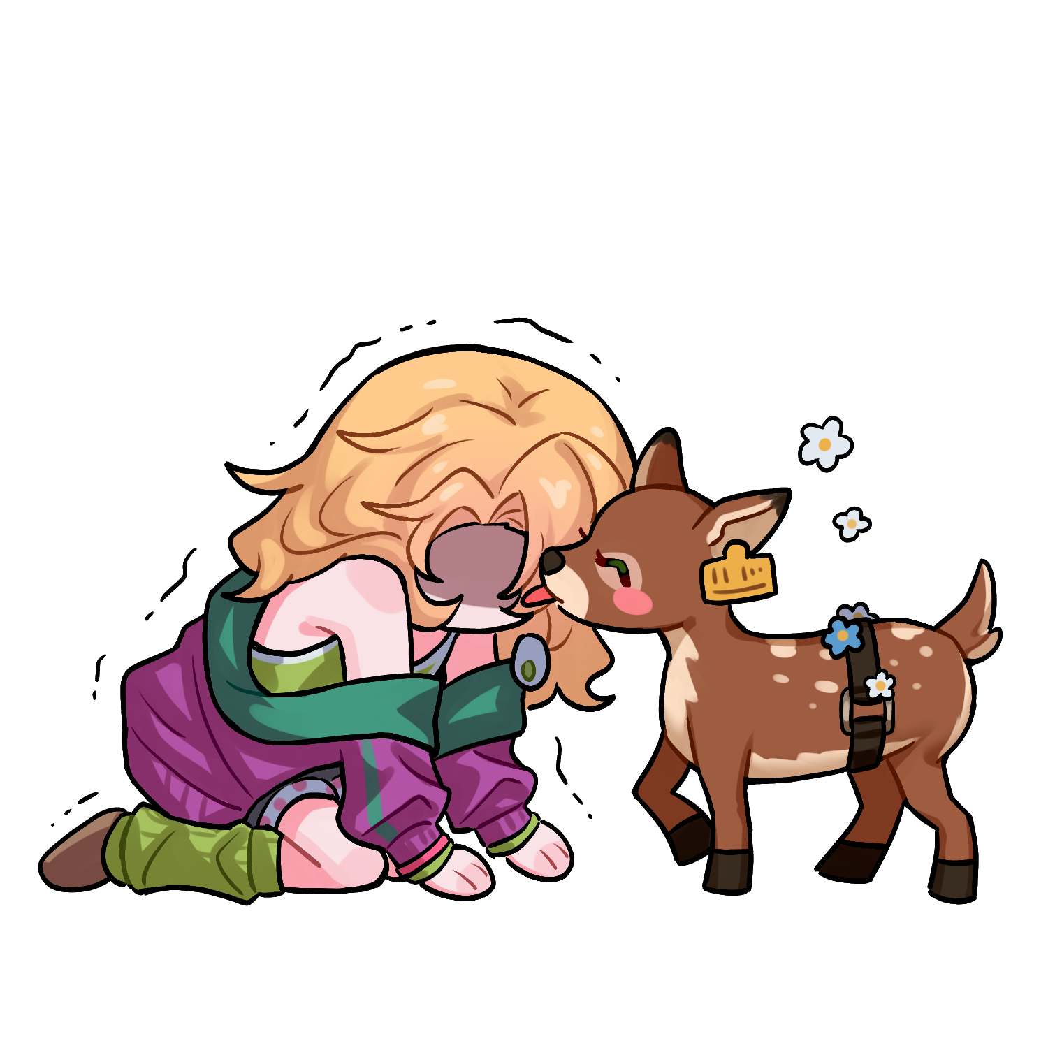 haihaiera, blonney, jessica (reverse:1999), reverse:1999, highres, 1girl, animalization, bare shoulders, blonde hair, blue flower, blue shorts, chibi, deer, ear tag, earrings, flower, full body, green leg warmers, grey sports bra, jacket, jewelry, kneeling, leg warmers, licking, licking another's face, long hair, off shoulder, purple jacket, shaded face, shorts, sitting, solo, sports bra, trembling, white background, white flower