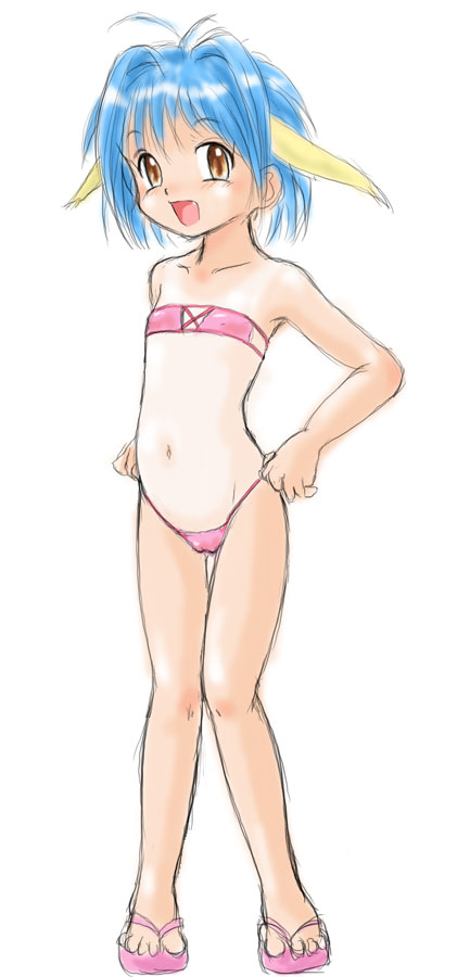 sonnano ari, mint blancmanche, galaxy angel, 1girl, animal ears, bikini, blue hair, blush, brown eyes, cameltoe, fang, female focus, flip-flops, looking at viewer, navel, one-piece tan, open mouth, pink bikini, pink sandals, sandals, short hair, simple background, smile, solo, standing, strapless, swimsuit, tan, tanline, white background