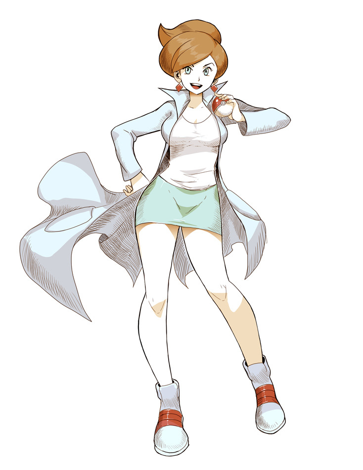 genzoman, professor juniper, nintendo, pokemon, pokemon bw, commentary, english commentary, 1girl, :d, aqua eyes, aqua skirt, boots, breasts, brown hair, diamond-shaped earrings, earrings, eyelashes, full body, hand on own hip, hatching (texture), holding, holding poke ball, jacket, jewelry, lab coat, long sleeves, open clothes, open jacket, open mouth, poke ball, poke ball (basic), shirt, simple background, skirt, smile, solo, teeth, upper teeth only, white background, white boots, white jacket, white shirt