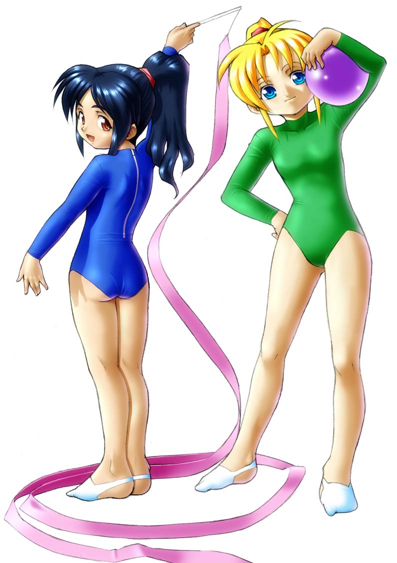 2girls, :d, ass, ball, blonde hair, blue eyes, blue leotard, female focus, green leotard, gymnastics, holding, leotard, looking at viewer, multiple girls, open mouth, ponytail, rhythmic gymnastics, ribbon, ribbon baton, simple background, smile, white background