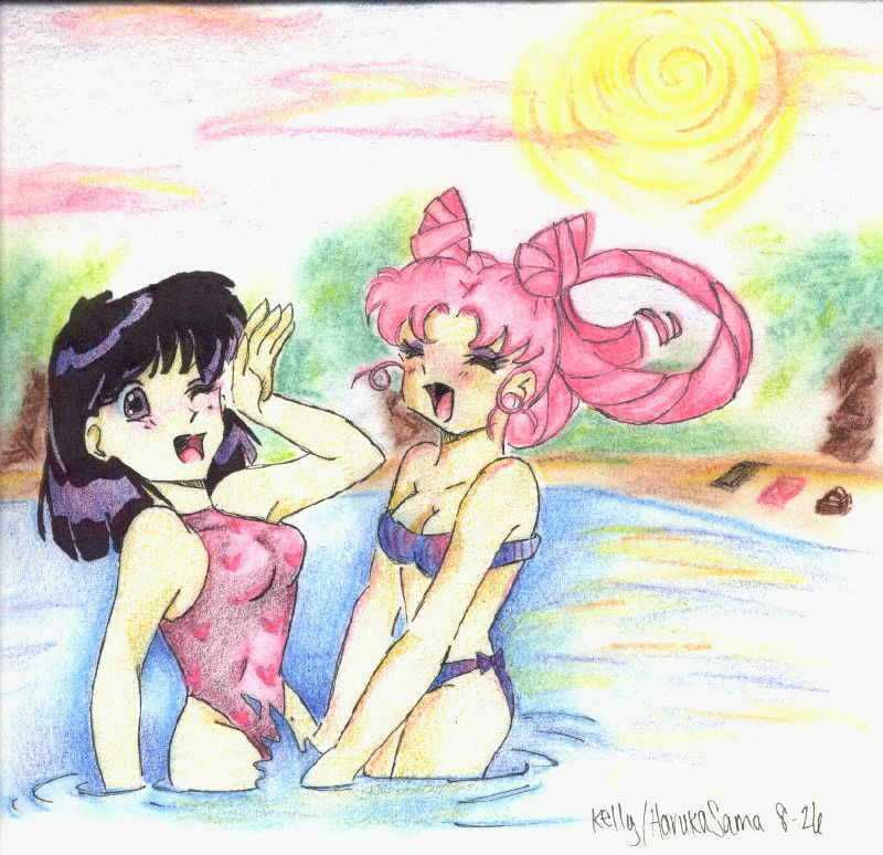 chibi usa, tomoe hotaru, bishoujo senshi sailor moon, bishoujo senshi sailor moon s, jpeg artifacts, 1990s (style), 2girls, beach, bikini, breasts, female focus, multiple girls, nature, outdoors, pink hair, purple hair, sky, swimsuit, water, yuri