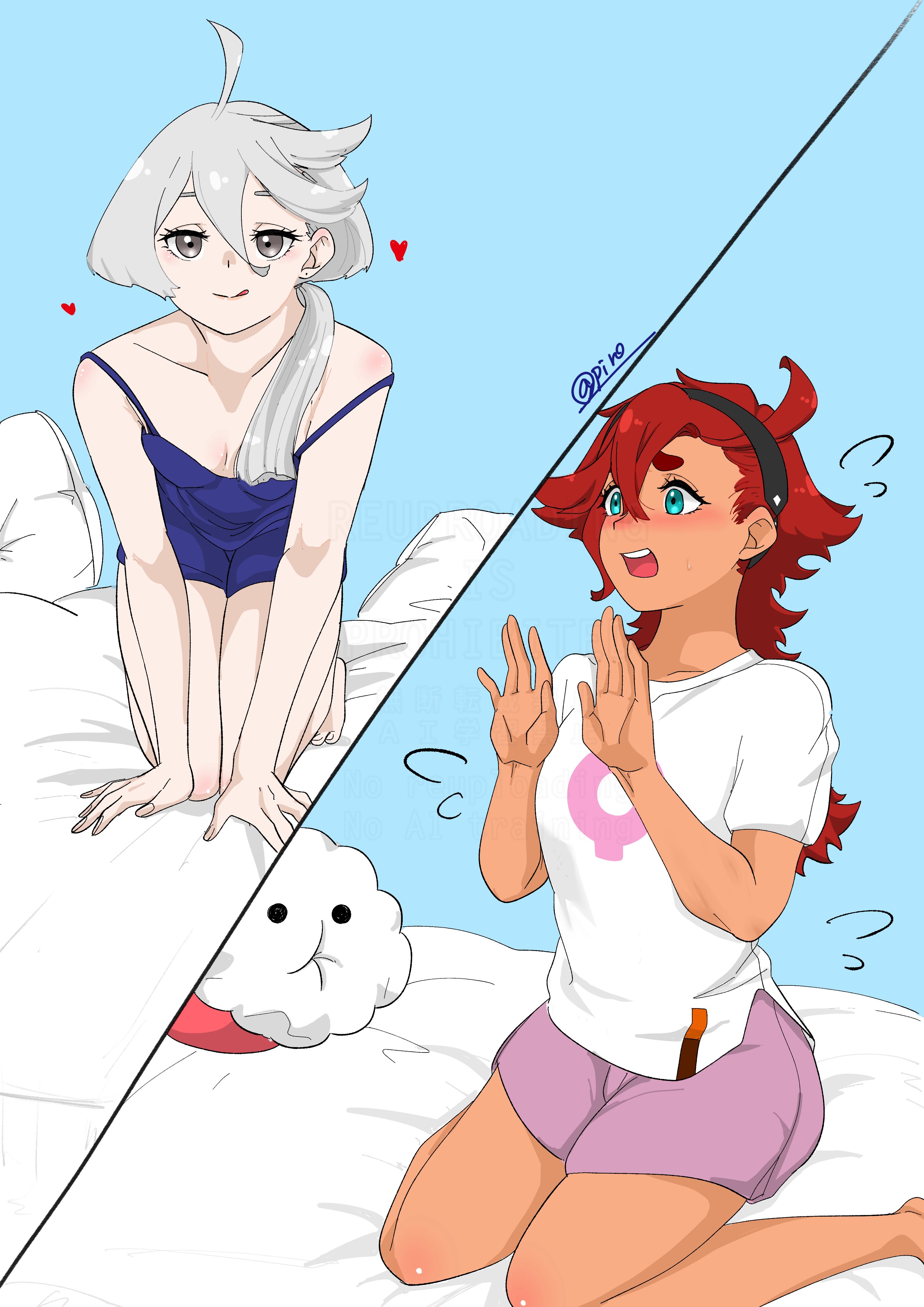 hots (gundam suisei no majo), miorine rembran, suletta mercury, gundam, gundam suisei no majo, absurdres, commentary request, highres, 2girls, 715piro gon, all fours, black hairband, blue background, blue camisole, blue eyes, breasts, camisole, grey eyes, hairband, hands up, heart, kneeling, licking lips, long hair, multiple girls, open mouth, purple shorts, red hair, shirt, shorts, simple background, small breasts, strap slip, thick eyebrows, tongue, tongue out, white hair, white shirt, yuri
