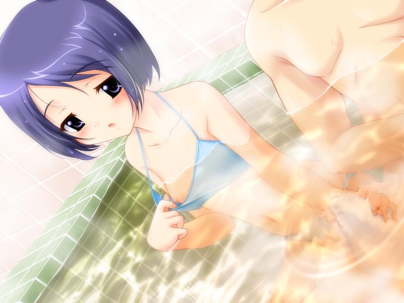 fujiwara warawara, katsurazawa honami, yunohana, game cg, 1girl, bath, bikini, breasts, bulge, erection, erection under clothes, female focus, flashing, handjob, loli, nipple slip, nipples, short hair, small breasts, solo, swimsuit, tiles, water
