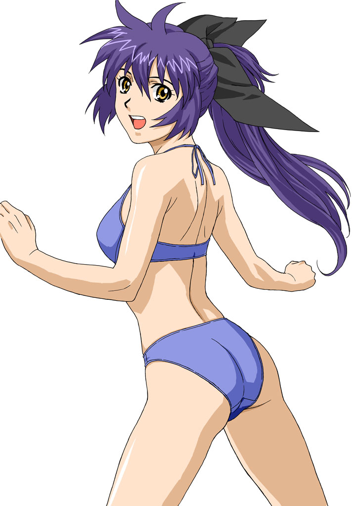 tagme, bikini, ponytail, purple hair, simple background, swimsuit, yellow eyes