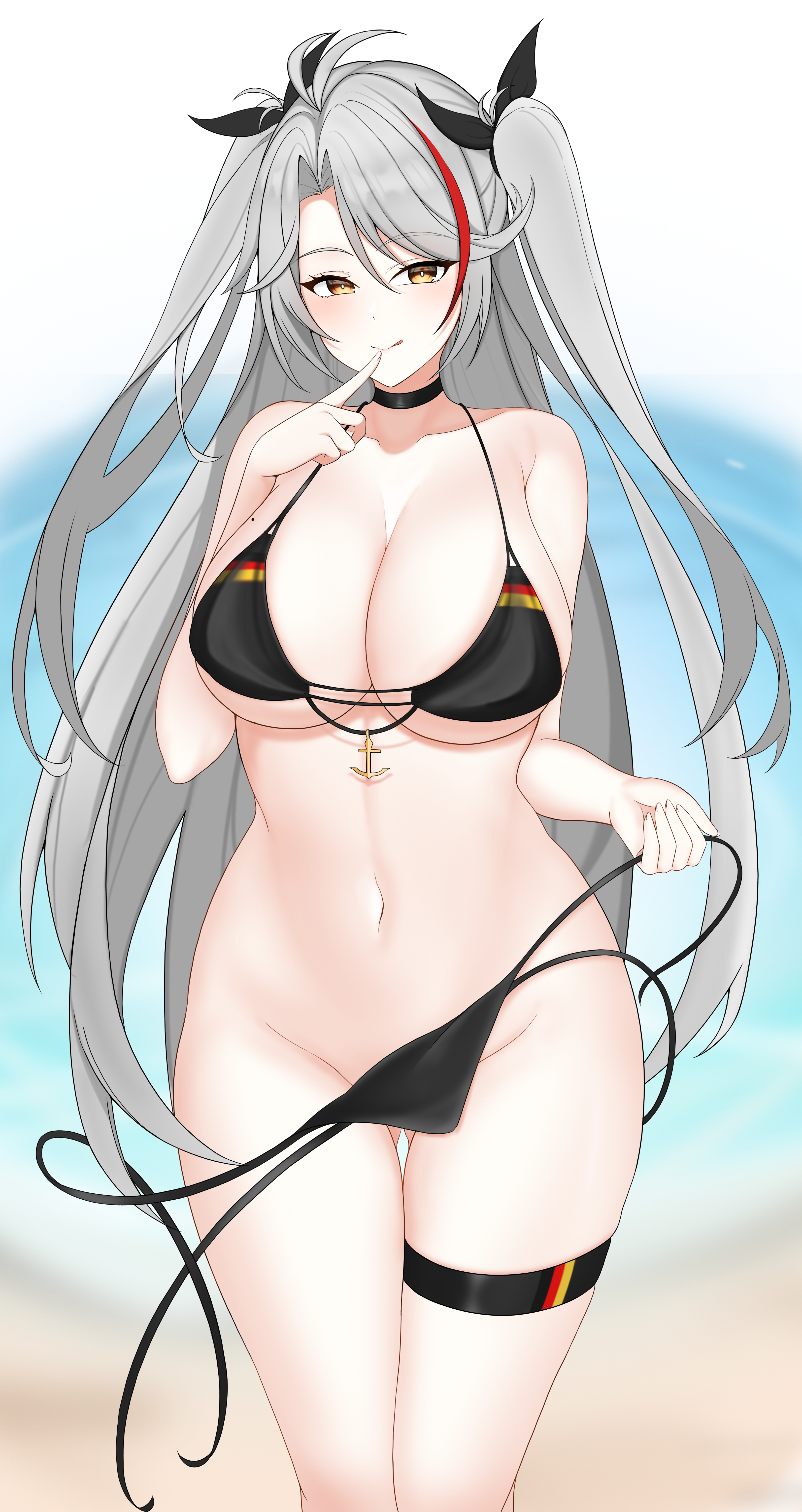 filmxd, prinz eugen (azur lane), prinz eugen (unfading smile) (azur lane), azur lane, absurdres, highres, 1girl, bikini, black bikini, black choker, blurry, blurry background, choker, closed mouth, gluteal fold, long hair, looking at viewer, navel, sand, smile, solo, stomach, swimsuit, thigh strap, twintails, white hair, yellow eyes