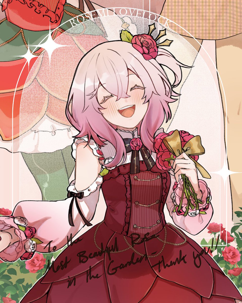 bealouis illu, rosemi lovelock, rosemi lovelock (1st costume), nijisanji, nijisanji en, highres, 1girl, :d, blush, character name, closed eyes, clothing cutout, english text, flower, hair flower, hair ornament, holding, holding flower, medium hair, multiple persona, open mouth, red flower, red rose, rose, shoulder cutout, side ponytail, smile, solo focus, thank you, virtual youtuber