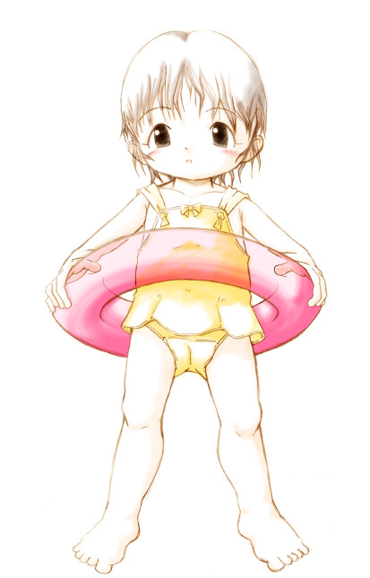 artist request, character request, copyright request, 1girl, barefoot, blush, brown eyes, brown hair, collarbone, flat chest, innertube, loli, looking at viewer, one-piece swimsuit, open mouth, short hair, swim ring, swimsuit, white background, yellow one-piece swimsuit