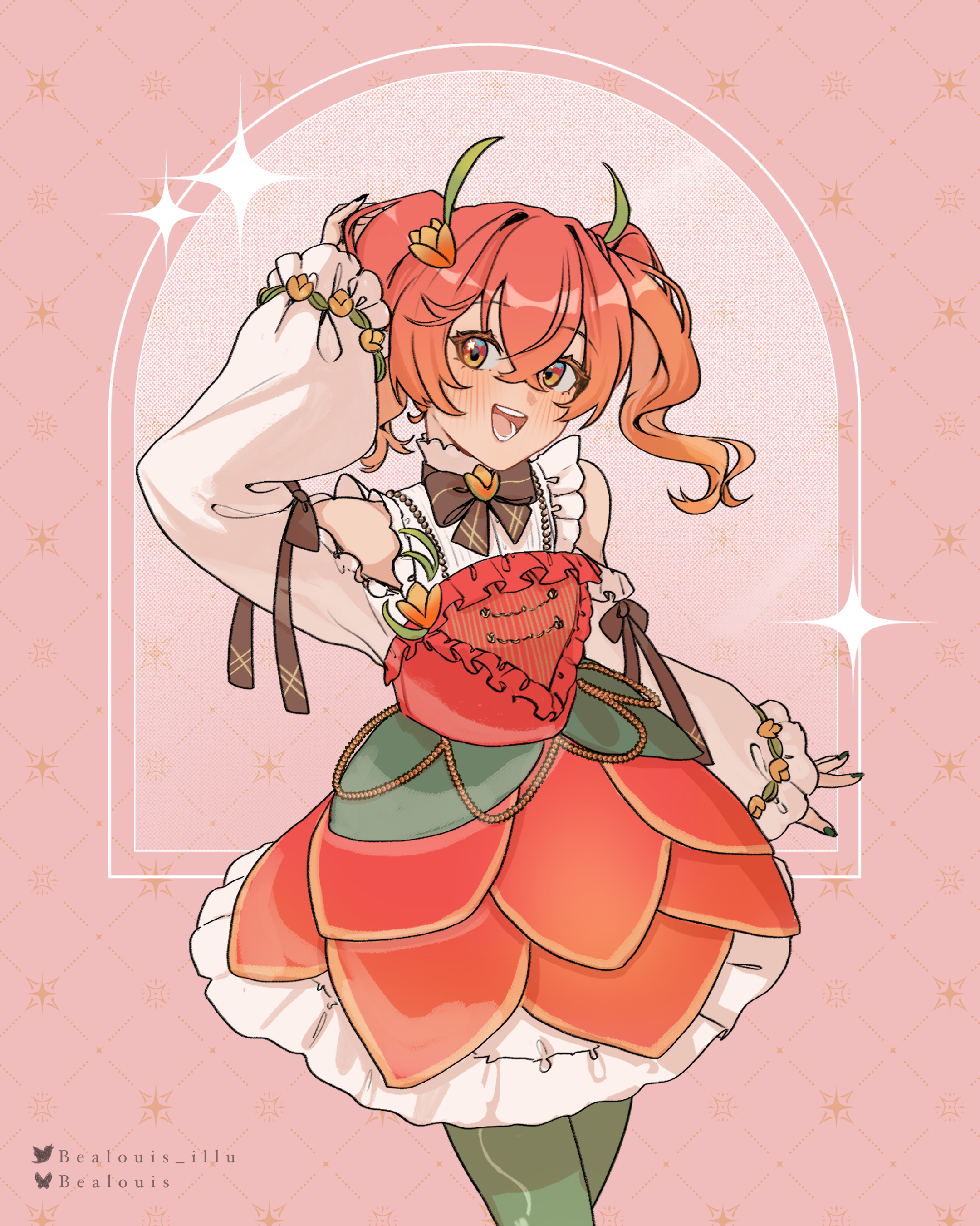 bealouis illu, rosemi lovelock, nijisanji, nijisanji en, absurdres, highres, 1girl, :d, artist name, blush, clothing cutout, flower, green nails, green pantyhose, hair flower, hair ornament, looking at viewer, open mouth, orange eyes, orange hair, pantyhose, shoulder cutout, smile, solo, sparkle, twintails, twitter username, virtual youtuber
