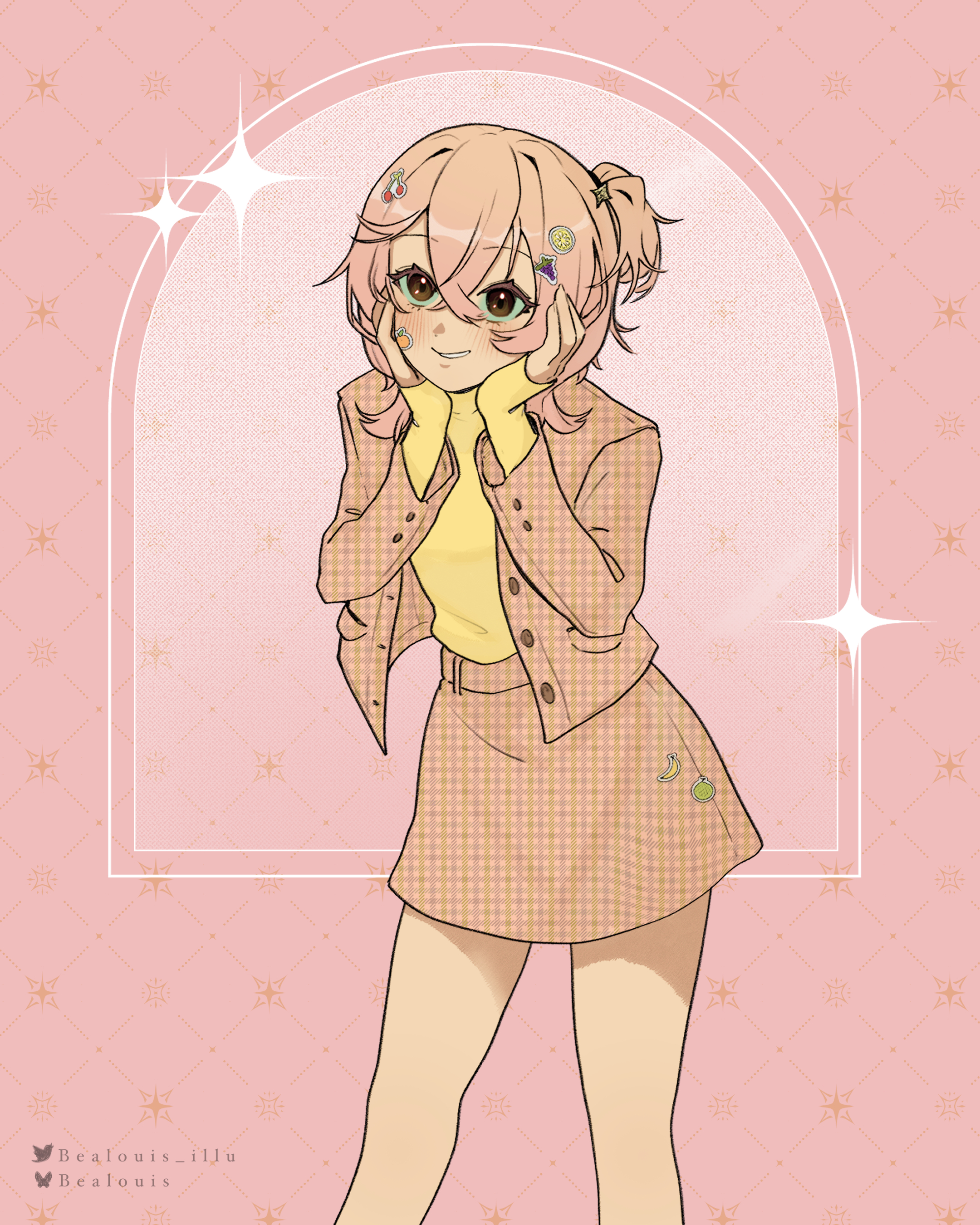 bealouis illu, rosemi lovelock, nijisanji, nijisanji en, absurdres, highres, 1girl, artist name, blush, cowboy shot, hair between eyes, hands on own cheeks, hands on own face, jacket, long sleeves, open clothes, open jacket, pink background, pink hair, side ponytail, skirt, sleeves past wrists, smile, solo, sparkle, sticker, sticker on face, twitter username, virtual youtuber