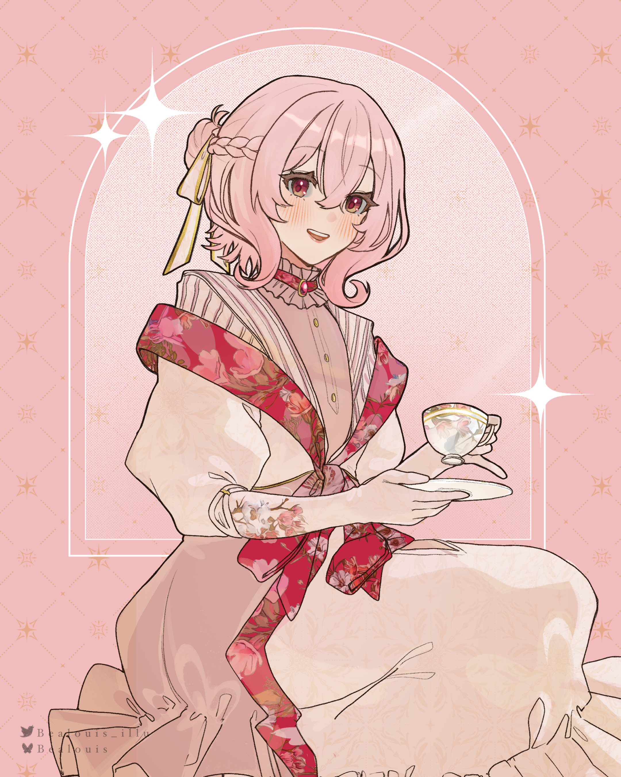 bealouis illu, rosemi lovelock, nijisanji, nijisanji en, absurdres, highres, 1girl, :d, artist name, blush, braid, cup, dress, gloves, hair between eyes, hair bun, hair ribbon, holding, holding cup, layered dress, looking at viewer, medium hair, off-shoulder dress, off shoulder, open mouth, pink background, pinky out, red eyes, ribbon, side braid, single side bun, sitting, smile, solo, sparkle, teacup, twitter username, virtual youtuber, white gloves