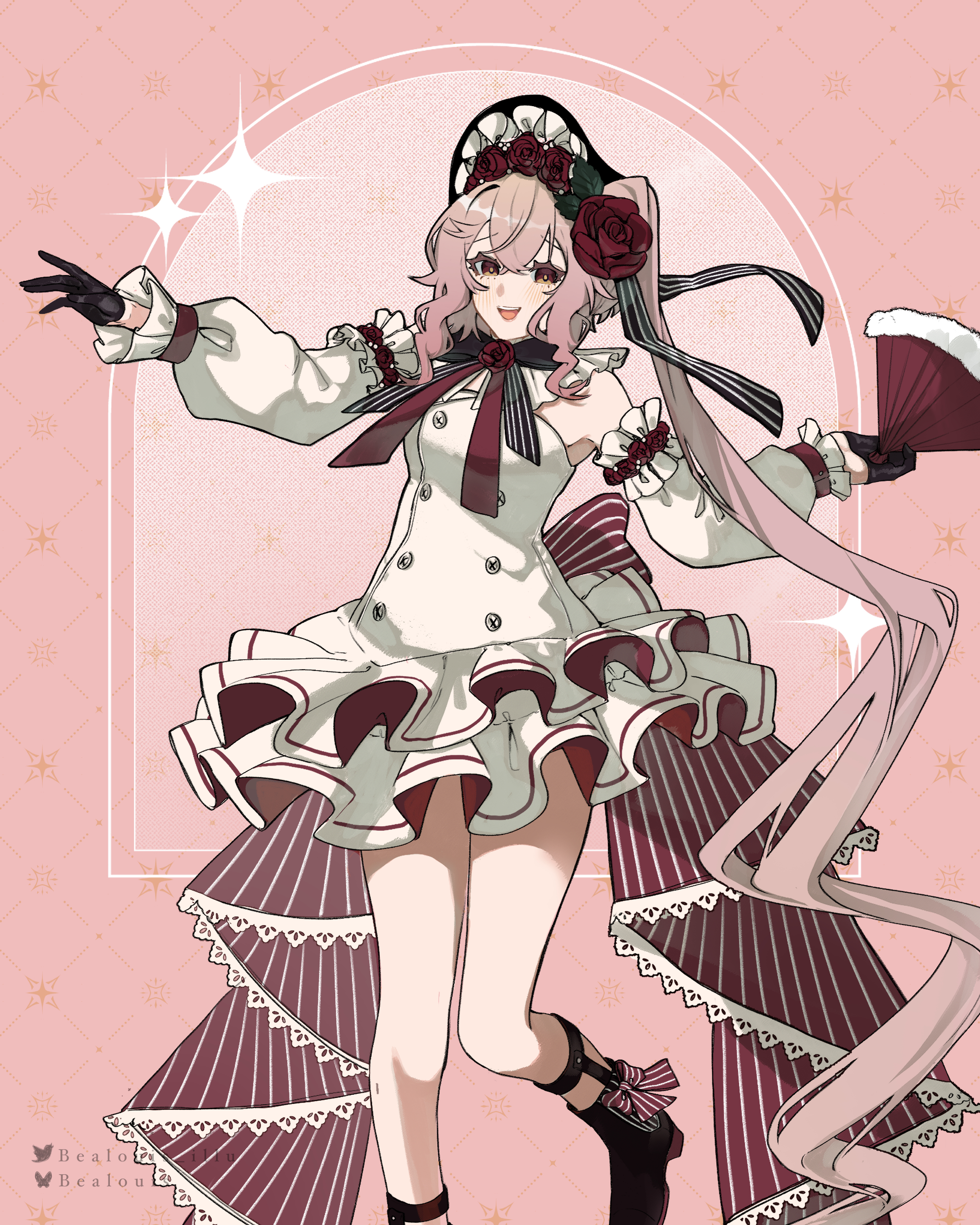 bealouis illu, rosemi lovelock, nijisanji, nijisanji en, absurdres, highres, 1girl, :d, absurdly long hair, artist name, bonnet, detached sleeves, dress, flower, frilled bonnet, frilled dress, frills, hair flower, hair ornament, long hair, looking at viewer, open mouth, pink background, pink hair, red eyes, red flower, red rose, rose, side ponytail, smile, solo, sparkle, standing, standing on one leg, twitter username, very long hair, virtual youtuber