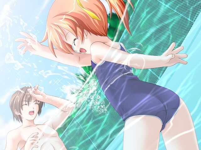 kuuchuu yousai, kurozaki mii, futago ecchi, tagme, 1boy, 1girl, ass, closed eyes, one-piece swimsuit, pool, swimsuit, water