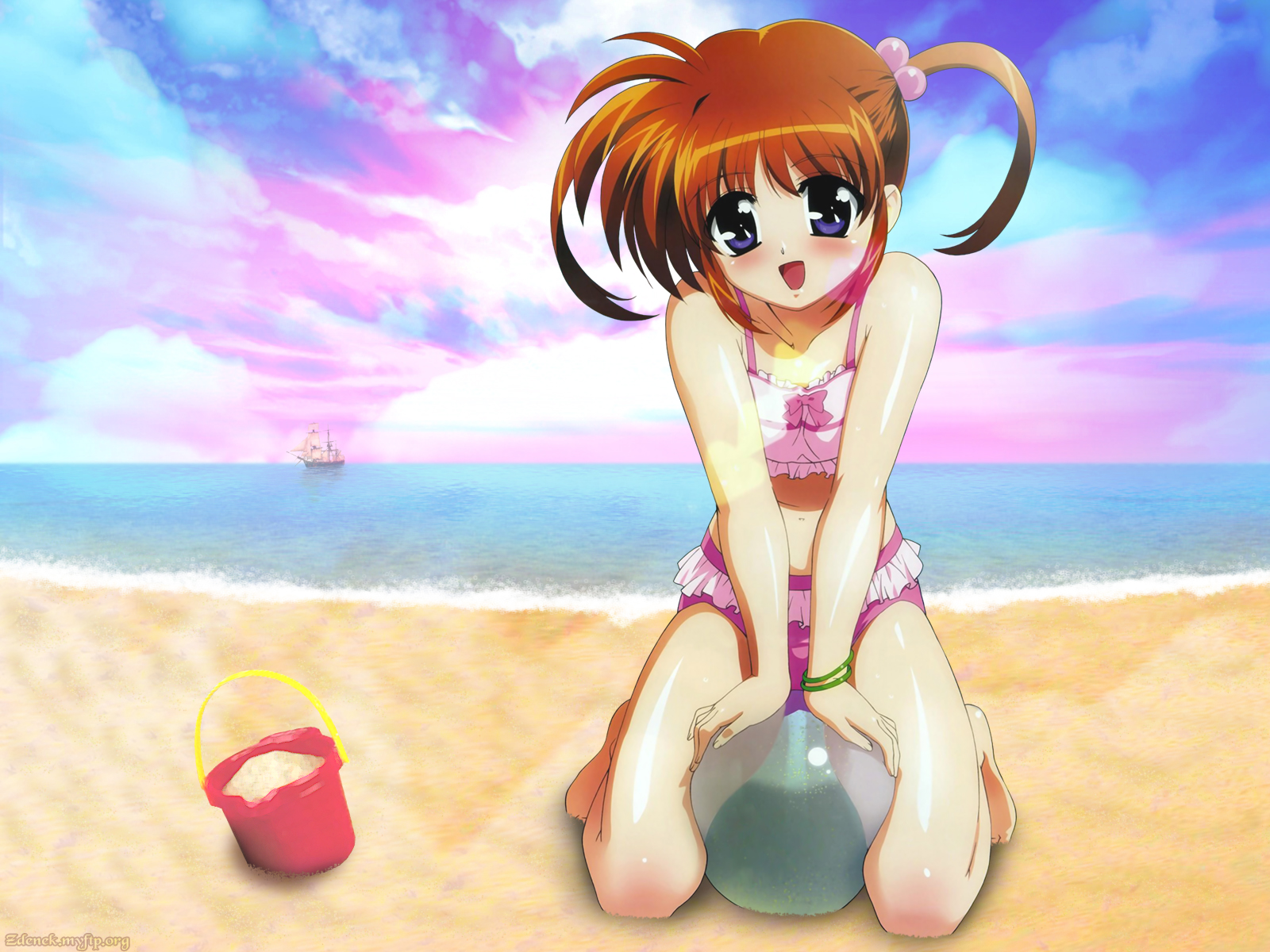 takamachi nanoha, lyrical nanoha, mahou shoujo lyrical nanoha, highres, ball, beach, brown hair, open mouth, sky, solo, swimsuit, water