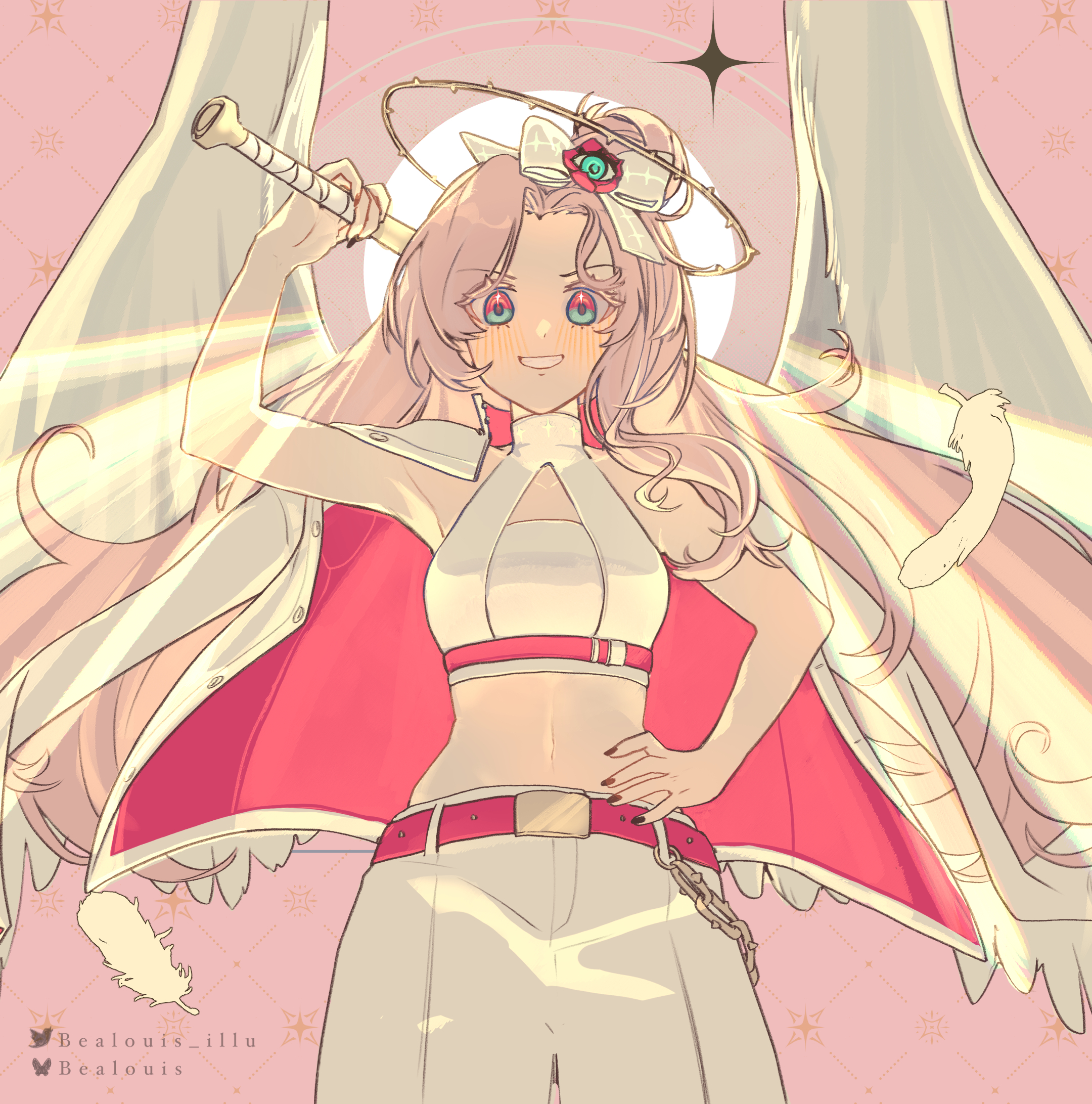 bealouis illu, rosemi lovelock, nijisanji, nijisanji en, highres, 1girl, :d, artist name, backlighting, baseball bat, black nails, blush, breasts, delinquent, falling feathers, feathers, grin, halo, hand on own hip, holding, holding baseball bat, jacket, jacket on shoulders, light rays, long hair, looking at viewer, midriff, navel, open mouth, pink background, pink eyes, pink hair, small breasts, smile, solo, sukeban, sunbeam, sunlight, twitter username, virtual youtuber, white jacket