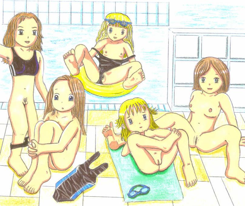 artist request, character request, copyright request, 5girls, arm support, bad anatomy, barefoot, bikini, bikini pull, black bikini, black eyes, black one-piece swimsuit, blonde hair, blue eyes, breasts, brown hair, clothes pull, clothing aside, eyewear on head, flat chest, goggles, goggles on head, hugging own legs, innertube, loli, long hair, looking at viewer, lying, multiple girls, navel, nipples, nude, off shoulder, one-piece swimsuit, open mouth, pool, pubic hair, pussy, short hair, sitting, small breasts, smile, spread legs, standing, swim goggles, swim ring, swimsuit, swimsuit aside, towel, unworn eyewear, unworn goggles, unworn swimsuit, water