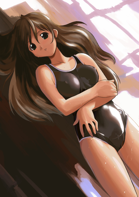 jiji (aardvark), 1girl, black eyes, brown hair, competition swimsuit, covered erect nipples, crossed arms, dutch angle, female focus, long hair, lying, one-piece swimsuit, smile, solo, sunlight, swimsuit, wet