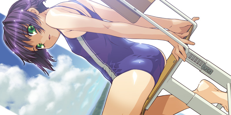 ino (magloid), original, 1girl, ass, cloud, day, double vertical stripe, female focus, green eyes, one-piece swimsuit, purple hair, short hair, sitting, sky, solo, swimsuit