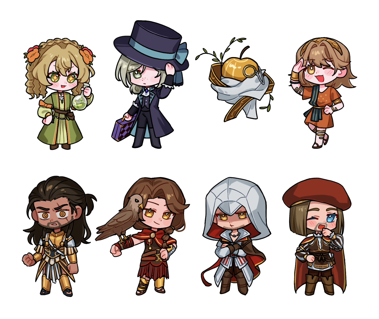haihaiera, apple (reverse:1999), ezio auditore da firenze, leonardo da vinci, regulus (reverse:1999), sotheby, vertin (reverse:1999), assassin's creed: odyssey, assassin's creed (series), assassin's creed ii, reverse:1999, highres, + +, 4girls, :d, ;d, alexios (assassin's creed), animal on arm, apple, apple (the fruit of wisdom) (reverse:1999), armor, beard, beard stubble, bird, bird on arm, black boots, black coat, black pants, blonde hair, blue bow, blue eyes, boater hat, boots, bow, bracelet, brown boots, brown cape, brown gloves, brown hair, brown vest, cape, chibi, coat, crossed arms, crossover, dress, eagle, facial hair, flask, flower, food, freckles, fruit, full body, gloves, golden apple, greaves, greek armor, green dress, green eyes, grey eyes, grey hair, hair bun, hair flower, hair ornament, hand on headwear, hand on own hip, hat, hat bow, hat over one eye, holding, holding flask, holding suitcase, hood, hood up, jewelry, kassandra of sparta, looking at viewer, monocle, multiple drills, multiple girls, official alternate costume, one eye closed, one eye covered, open mouth, orange eyes, orange flower, pants, potion, red cape, red hat, red tunic, round-bottom flask, scar, scar across eye, scar on face, scar on mouth, shirt, side cape, single glove, single side bun, smile, standing, stubble, suitcase, tunic, vest, white background, white shirt