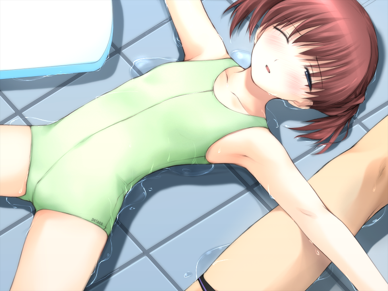 ooji, kirisaka suzuna, natsunone, game cg, tagme, 1girl, 1other, cameltoe, cowboy shot, loli, lying, one-piece swimsuit, outstretched arms, sexually suggestive, swimsuit