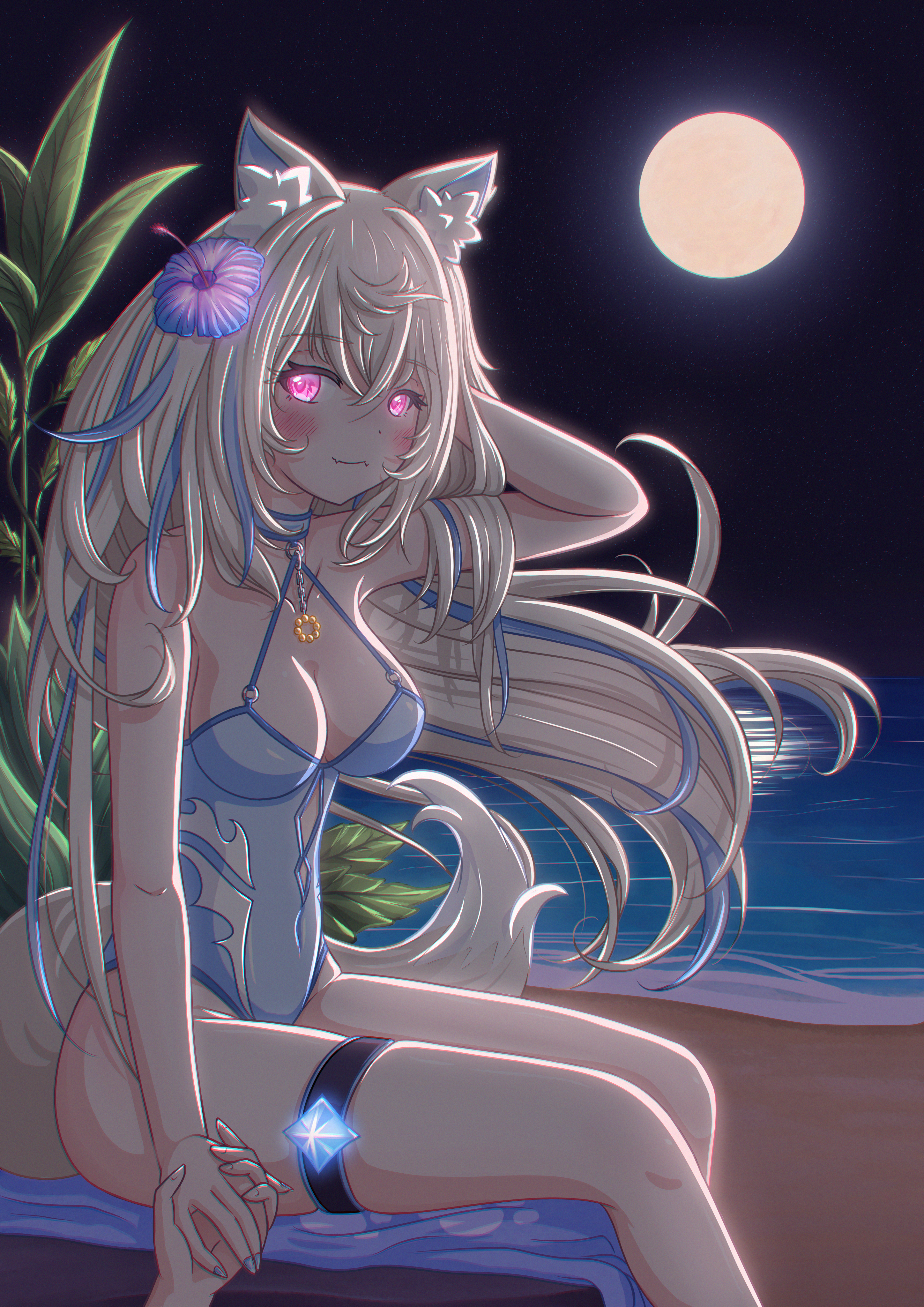 fuwawa abyssgard, mococo abyssgard, hololive, hololive english, absurdres, commentary request, highres, 2girls, animal ears, beach, blue nails, blush, breasts, closed mouth, dated commentary, dog ears, dog girl, dog tail, fangs, feet out of frame, flower, full moon, glowing, glowing eyes, hair flower, hair ornament, holding hands, large breasts, long hair, looking at viewer, moon, multicolored hair, multiple girls, night, night sky, ocean, out of frame, outdoors, pink eyes, plant, pov, pov hands, reflection, reflective water, sand, sitting, skin fangs, sky, solo focus, streaked hair, swimsuit, tail, thigh strap, towel, water, yurimiyanae