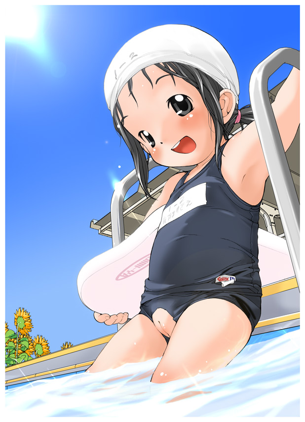 kikurage (crayon arts), original, 1girl, black eyes, black hair, black one-piece swimsuit, blush, bodyboard, cleft of venus, clothing cutout, collarbone, crotch cutout, crotchless, crotchless swimsuit, female focus, flat chest, flower, holding, loli, long hair, looking at viewer, name tag, one-piece swimsuit, open mouth, outdoors, ponytail, pool, pussy, school swimsuit, sky, smile, solo, standing, sunflower, swim cap, swimsuit, teeth, wading, water, white swimcap