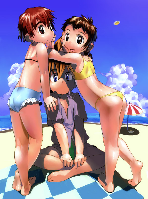 satou toshiyuki, original, 1boy, 2girls, ass, barefoot, beach, bikini, brown eyes, brown hair, day, feet, heel up, multiple girls, ocean, outdoors, red hair, short hair, sitting, standing, swimsuit, towel, yellow bikini