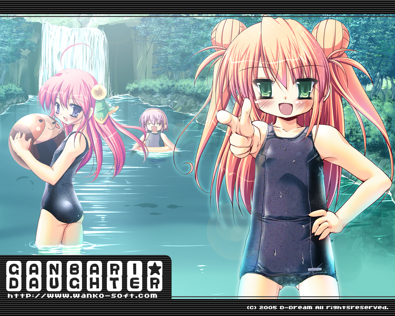 akahito, rikuzaki mini, ganbari daughter, character request, 00s, 2005, 3girls, ahoge, ass, ball, beachball, black one-piece swimsuit, black school swimsuit, blush, closed eyes, collarbone, double bun, flat chest, grass, green eyes, green ribbon, hair bun, hair ornament, hair ribbon, hand on own hip, holding, holding ball, holding beachball, innertube, long hair, multiple girls, one-piece swimsuit, open mouth, orange hair, partially submerged, pink hair, pointing, pointing at viewer, pond, purple eyes, purple hair, ribbon, school swimsuit, short hair, smile, standing, star (symbol), swim ring, swimsuit, tree, twintails, wading, water, waterfall, wet