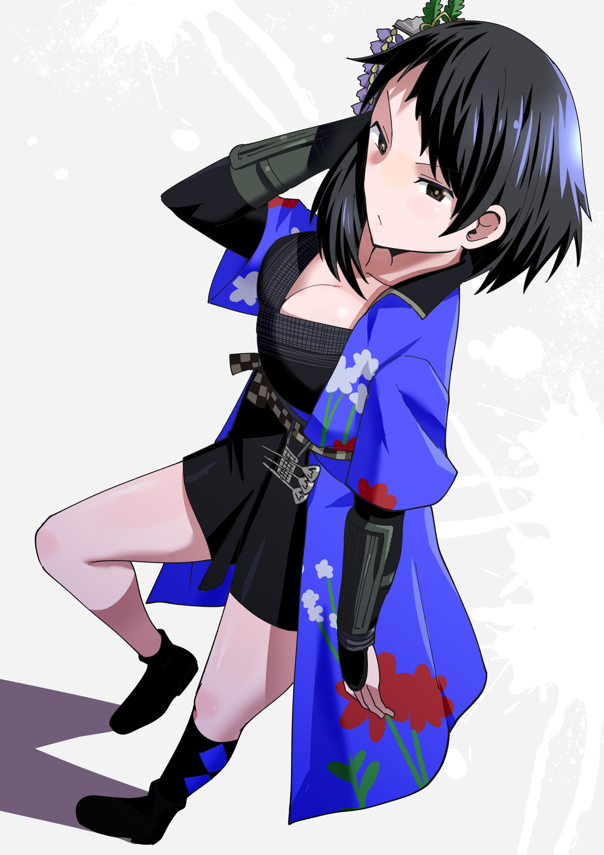 toku sonchou, okatsu (nioh), nioh, absurdres, highres, 1girl, black hair, black skirt, breasts, cleavage, closed mouth, collarbone, flower, full body, hair flower, hair ornament, japanese clothes, large breasts, looking at viewer, short hair, skirt, solo