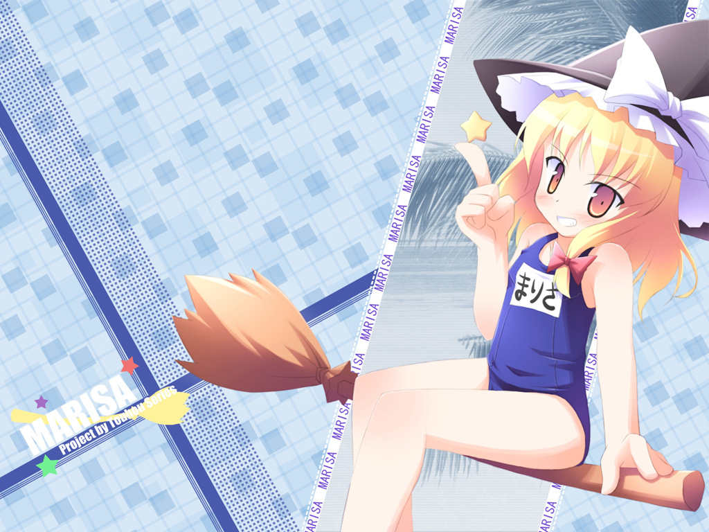 kagura yuuki, kirisame marisa, touhou, 1girl, beach, black hat, blonde hair, blue background, blue one-piece swimsuit, blue school swimsuit, blush, bow, broom, broom riding, female focus, flat chest, grin, hair bow, hair ornament, hair ribbon, hat, hat bow, hat ribbon, index finger raised, long hair, name tag, ocean, one-piece swimsuit, palm tree, pink eyes, plaid background, red bow, ribbon, sand, school uniform, sitting, smile, solo, star (symbol), swimsuit, teeth, tree, water, white bow, witch, witch hat
