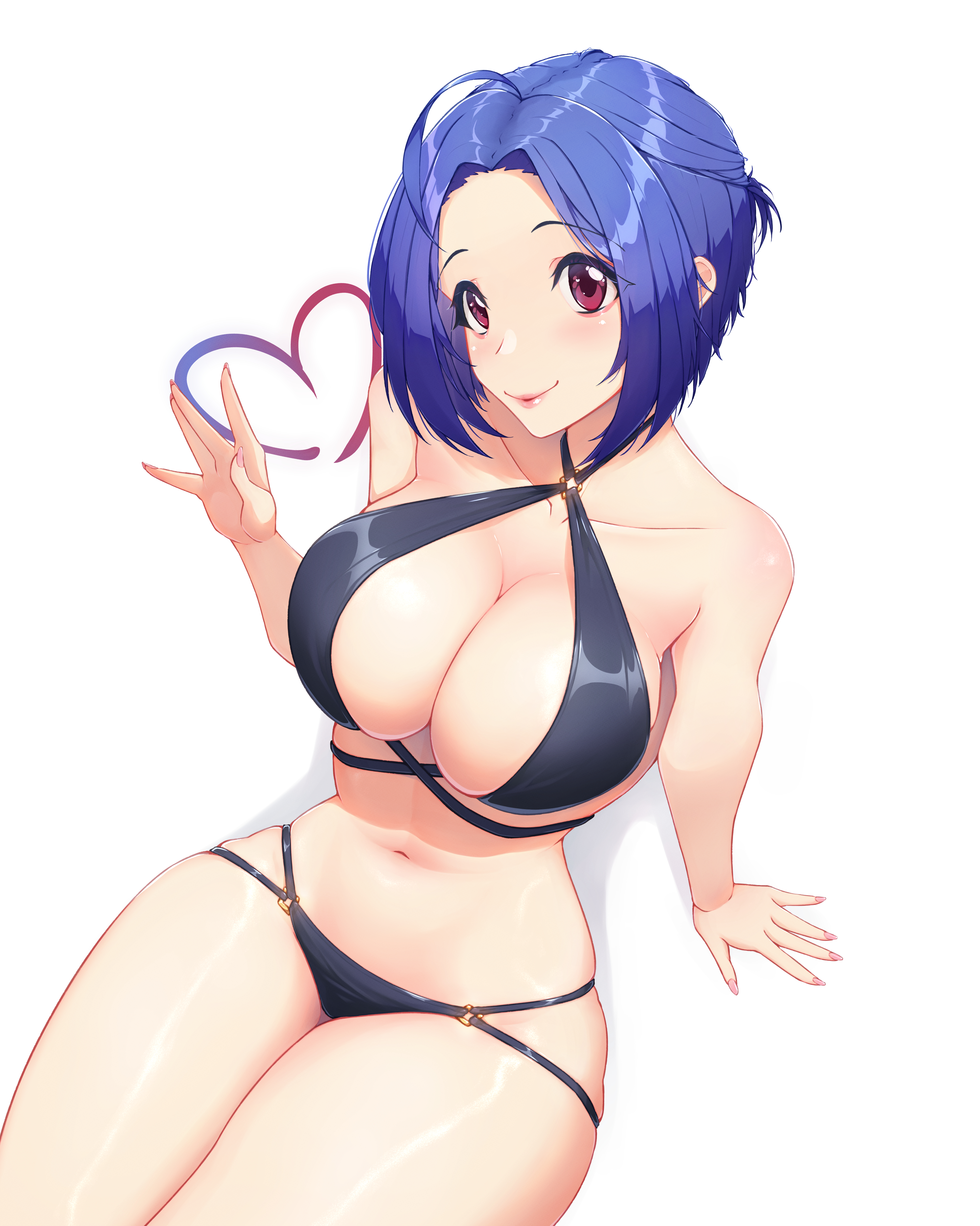 rein akane, miura azusa, idolmaster, absurdres, highres, ahoge, alternate costume, alternate hairstyle, bikini, black bikini, blue hair, breasts, half updo, large breasts, o-ring, o-ring bikini, pink nails, purple eyes, short hair, sitting, swimsuit, waving