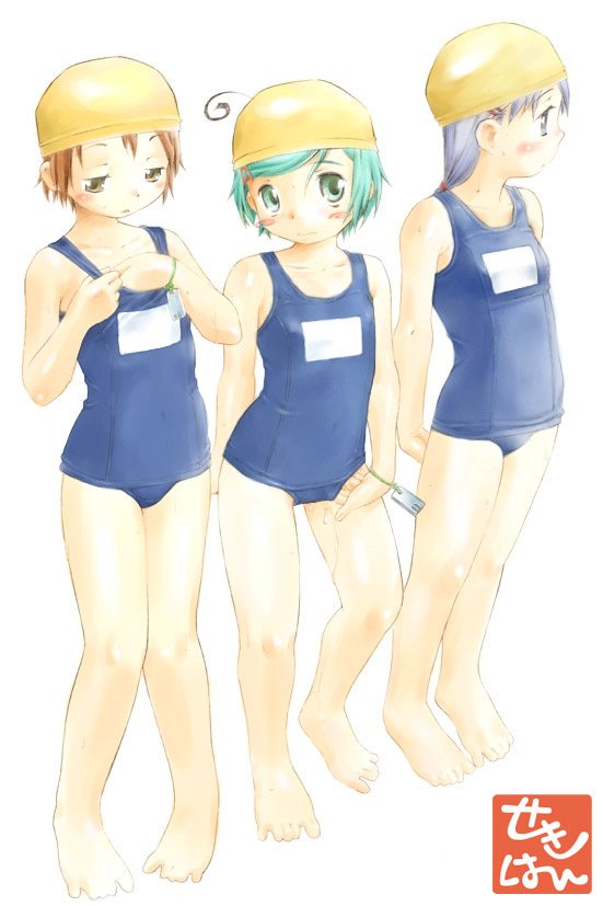 tagme, 3girls, barefoot, female focus, multiple girls, one-piece swimsuit, school swimsuit, swimsuit